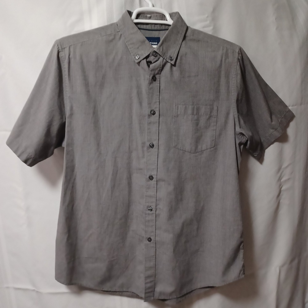 Basic Editions Button Down Shirt Mens L Grey Short Sleeve Cotton Blend Casual‎